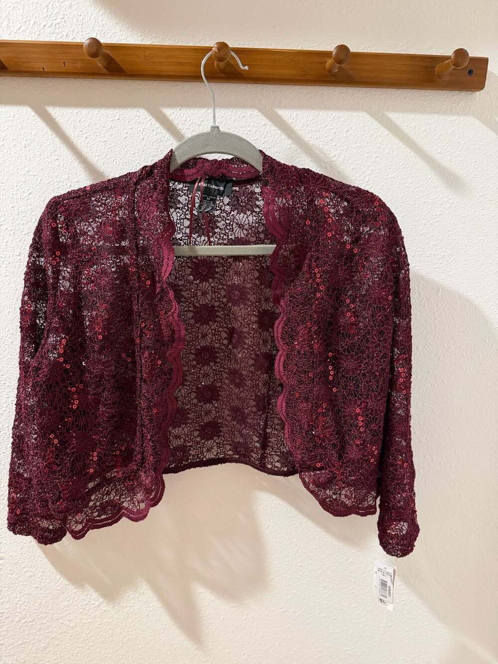 R&M Richards 3158M Lace Bolero Jacket Size M Wine Sequin 3/4 Sleeve